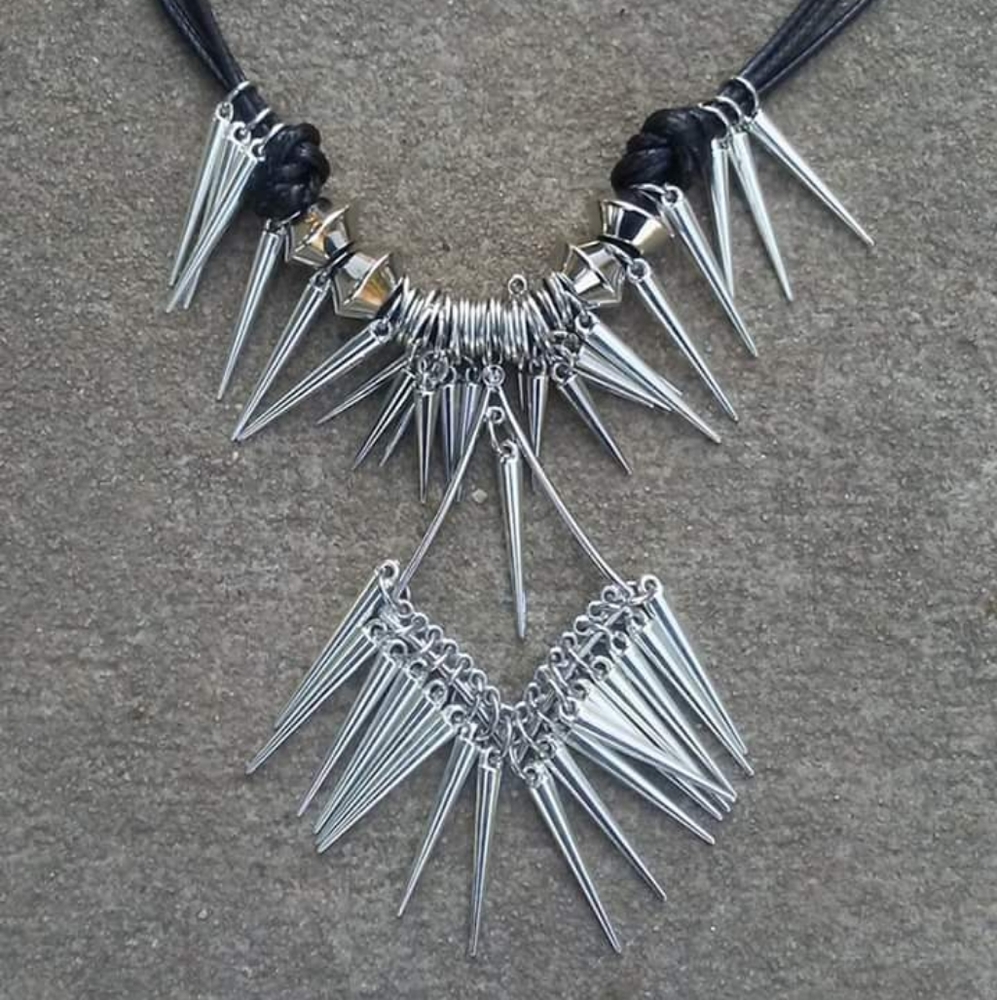 Silver Plated Leather Cord Spike Necklace